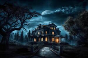 Creepy haunted mansion, spooky moonlit sky, trees in background with eyes shining from shadows. photo