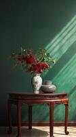 A brown table, wooden, classical style bouquet on the right side of the table. photo