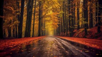 a beautiful long road in autumn season is lined with trees bearing colorful leaves. photo