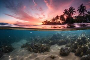 Photograph of beautiful inviting beach scene with pink sunset sky. photo