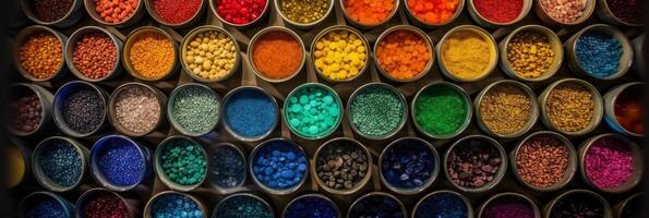 top view, aerial view, bowls of gemstones of the color of the rainbow. photo