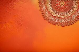 orange Pantone color background paper texture Rangoli pattern painting. photo