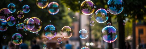 Giant bubbles blurred background. photo