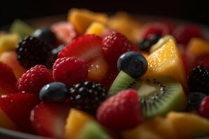 Fresh fruit salad, close up, macro, in the style of food photography. photo