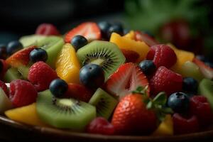 Fresh fruit salad, close up, macro, in the style of food photography. photo