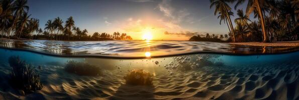 fotografía de hermosa atractivo playa escena con puesta de sol cielo. ai generativo foto