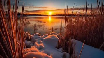 Sunset above the reeds at the edge of the lake. photo