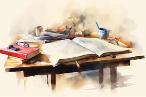 Open book on table in watercolor painting style. photo