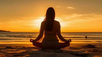 woman meditating on the beach at sunset. AI generative photo