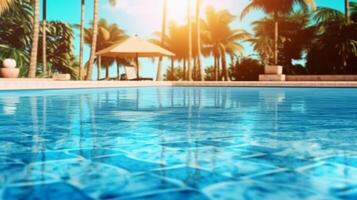 Empty poolside surface with summer travel hotel swimming pool background. photo