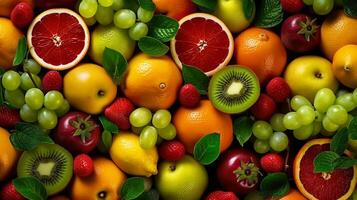 Juicy fruits top view background. photo