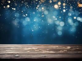 Winter snowy stage background with wooden flooring and Christmas lights on blue background, banner format, copy space. photo