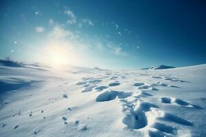 Winter snow background with snowdrifts, beautiful light and falling flakes of snow on blue sky, drifting snow. photo