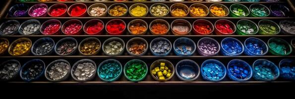 top view, aerial view, bowls of gemstones of the color of the rainbow. photo