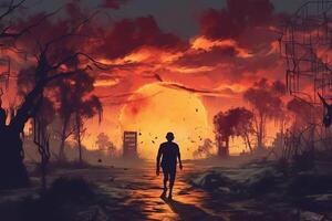 zombi caminando en el quemado cementerio con ardiente cielo. ai generativo foto