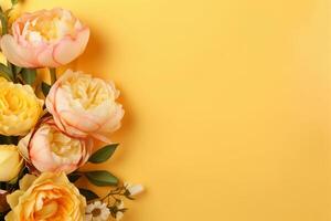 Peonies, roses on yellow background with copy space. Abstract natural floral frame layout with text space. Romantic feminine composition. Wedding invitation.. photo