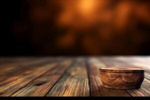 Wooden table with dark blurred background. photo