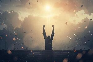 Successful happy accomplished athletic man stands with raised arms facing the sun. photo