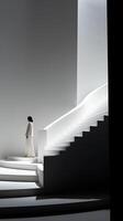 A woman is walking down a white staircase. photo