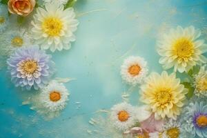 Spring flowers on blue yellow pastel background top view in flat lay style. photo