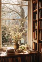 A photo of photobooks next to a big window.