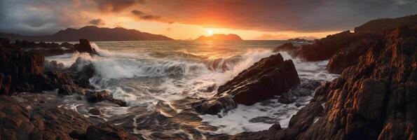 The waves are crashing over the rocks at sunset. photo