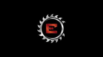 English alphabet E with the saw blade. Carpentry, woodworking logo video animation. Logo footage for sawmill business and company identity