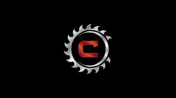 English alphabet C with the saw blade. Carpentry, woodworking logo video animation. Logo footage for sawmill business and company identity