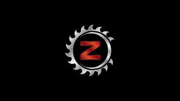 English alphabet Z with the saw blade. Carpentry, woodworking logo video animation. Logo footage for sawmill business and company identity