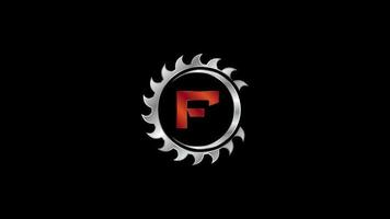 English alphabet F with the saw blade. Carpentry, woodworking logo video animation. Logo footage for sawmill business and company identity