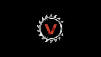 English alphabet V with the saw blade. Carpentry, woodworking logo video animation. Logo footage for sawmill business and company identity