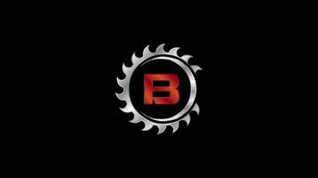 English alphabet B with the saw blade. Carpentry, woodworking logo video animation. Logo footage for sawmill business and company identity