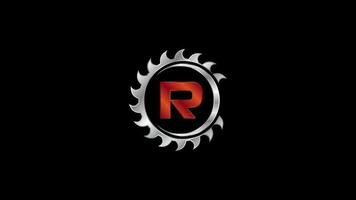 English alphabet R with the saw blade. Carpentry, woodworking logo video animation. Logo footage for sawmill business and company identity