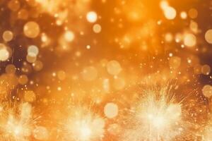 Gold and silver Fireworks and bokeh in New Year eve and copy space. Abstract background holiday. photo