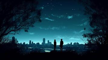 Silhouettes of two stargazing woman saying goodby, surrounded by trees and the contour of london city in the background. photo