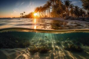 Photograph of beautiful inviting beach scene with sunset sky. photo