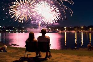 A young couple sit together to watch celebration fireworks in America. photo