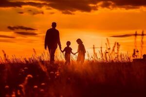 silueta de contento familia caminando en el prado a puesta de sol. ai generativo foto