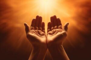 Human hands open palm up worship with faith in religion and belief in God on blessing background. photo