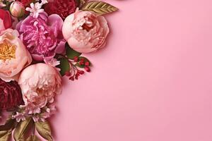 Peonies, roses on pink background with copy space. Abstract natural floral frame layout with text space. Romantic feminine composition. photo