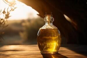 Golden olive oil bottle on wooden table olive field in morning sunshine. photo