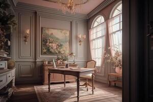 Luxurious office, in the style of light pastel colors, hand. photo