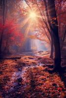 The most beautiful red autumn forest in the world. AI generative photo