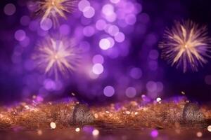 Gold and purple Fireworks and bokeh in New Year eve and copy space. Abstract background holiday, photo