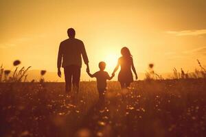 silueta de contento familia caminando en el prado a puesta de sol. ai generativo foto