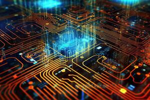 Digital technology circuit board as a futuristic and innovative background. photo