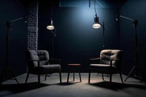 Two chairs and spotlights in podcast or interview room on dark background. photo