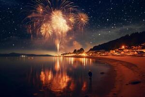 firework night sea star. photo