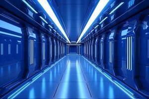 Futuristic background science fiction interior and blue light architecture corridor. photo