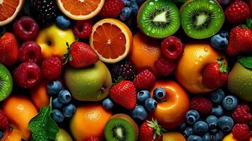 Juicy fruits top view background. photo